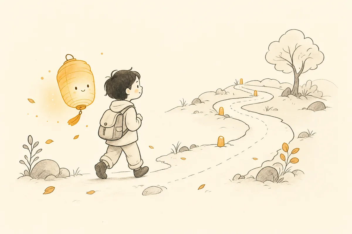 A child with a backpack walks a winding path while a friendly glowing lantern companion floats alongside.