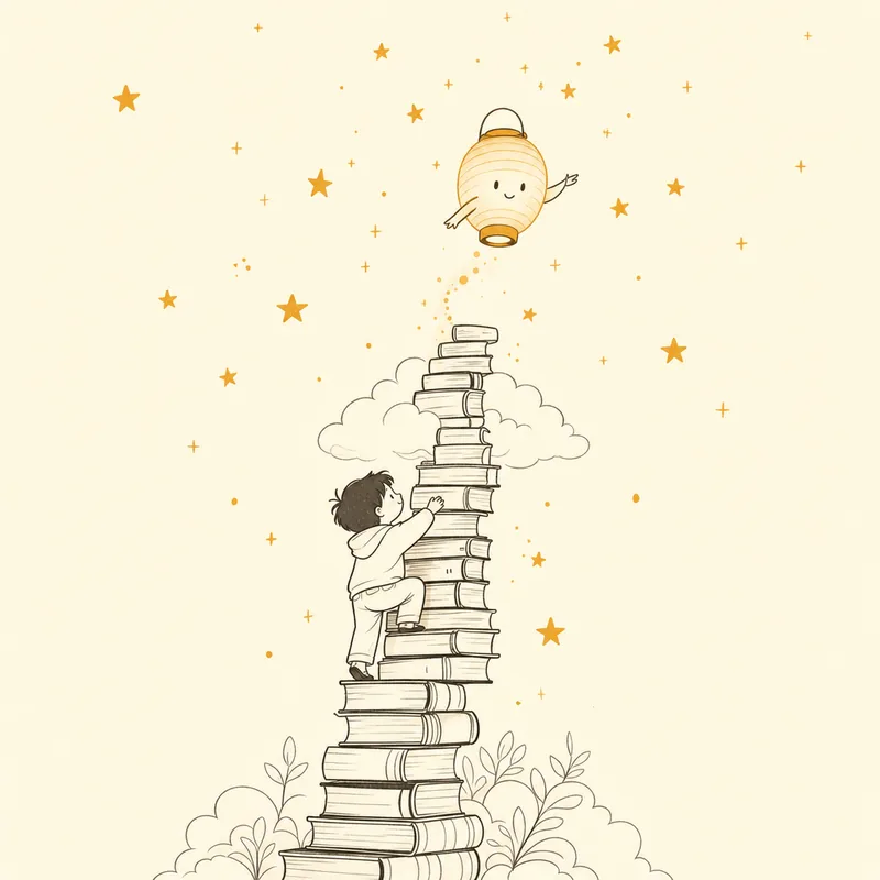 A child climbs a tall ladder of books past a cloud toward stars, the lantern companion lighting the way up.