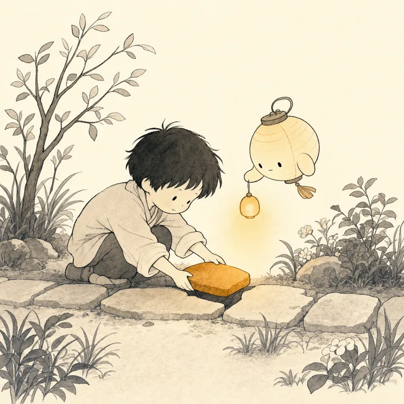 A child quietly places a stepping stone to repair a gap in a garden path while the lantern companion holds a light.